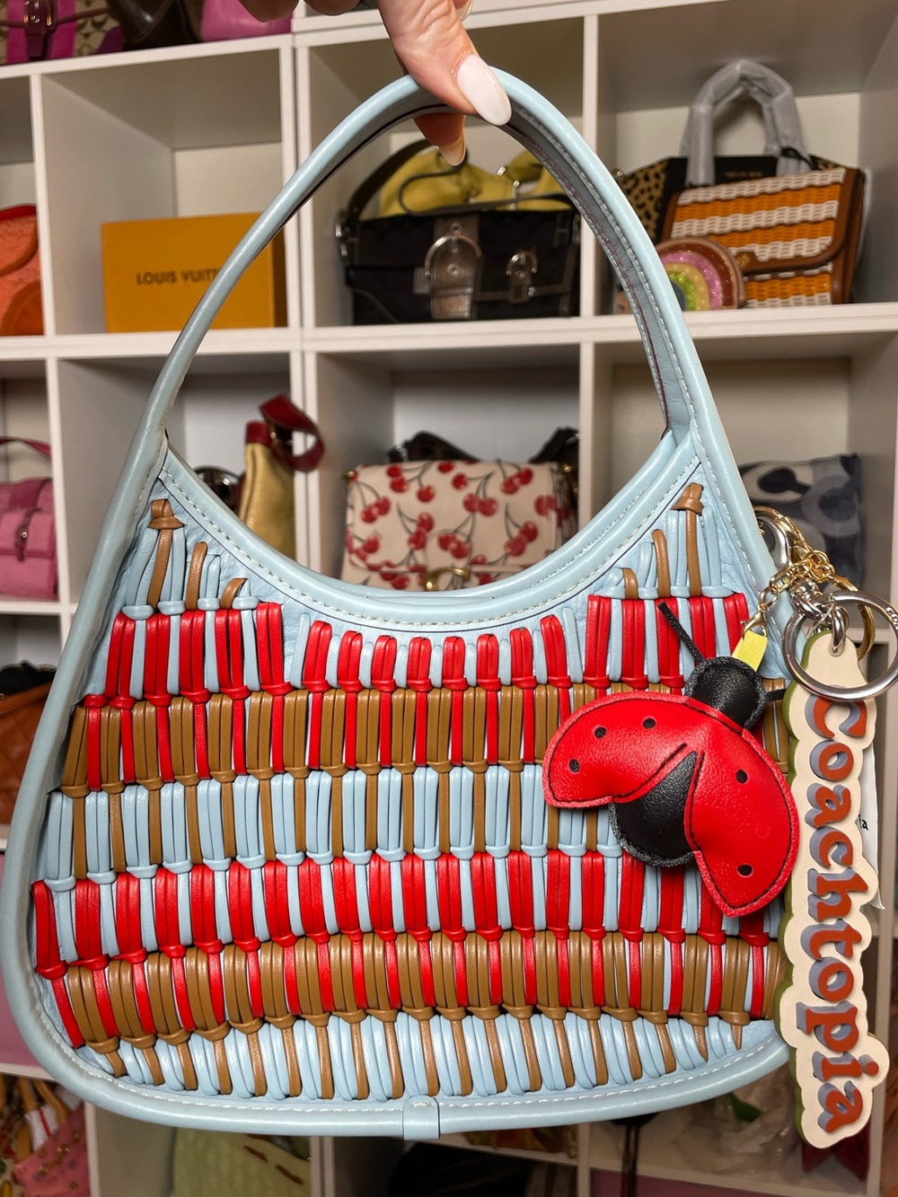 Coachtopia Ergo Bag in Basket-Weave Upcrafted Baby Blue, Red & Brown Leather
